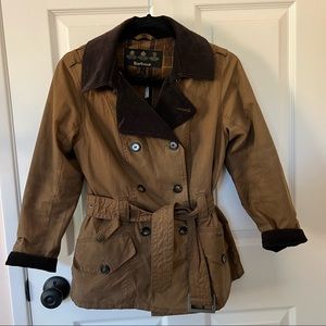 EUC Womens Barbour Elmgate Trench wax jacket double breasted tan and corduroy 6